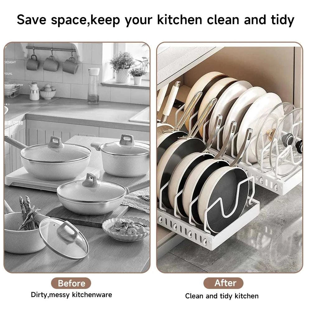 Pull-Out Pots and Pans Organizer with Adjustable Dividers-1 PC / 42*21*3.2CM / france|1-tier
