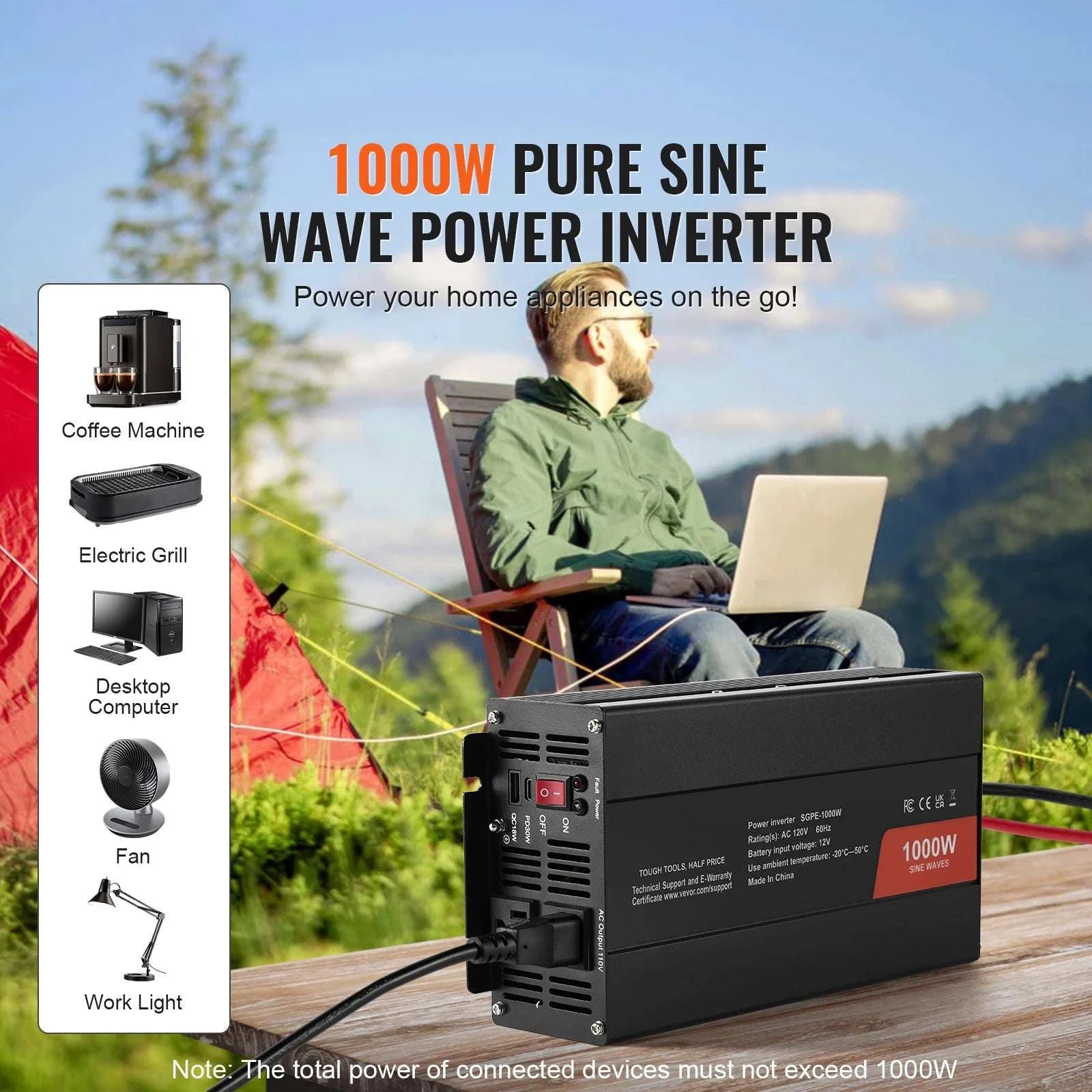 Pure Sine Wave Power Inverter 1000W–3000W with Remote & USB Ports-1000W AC 120V / United States