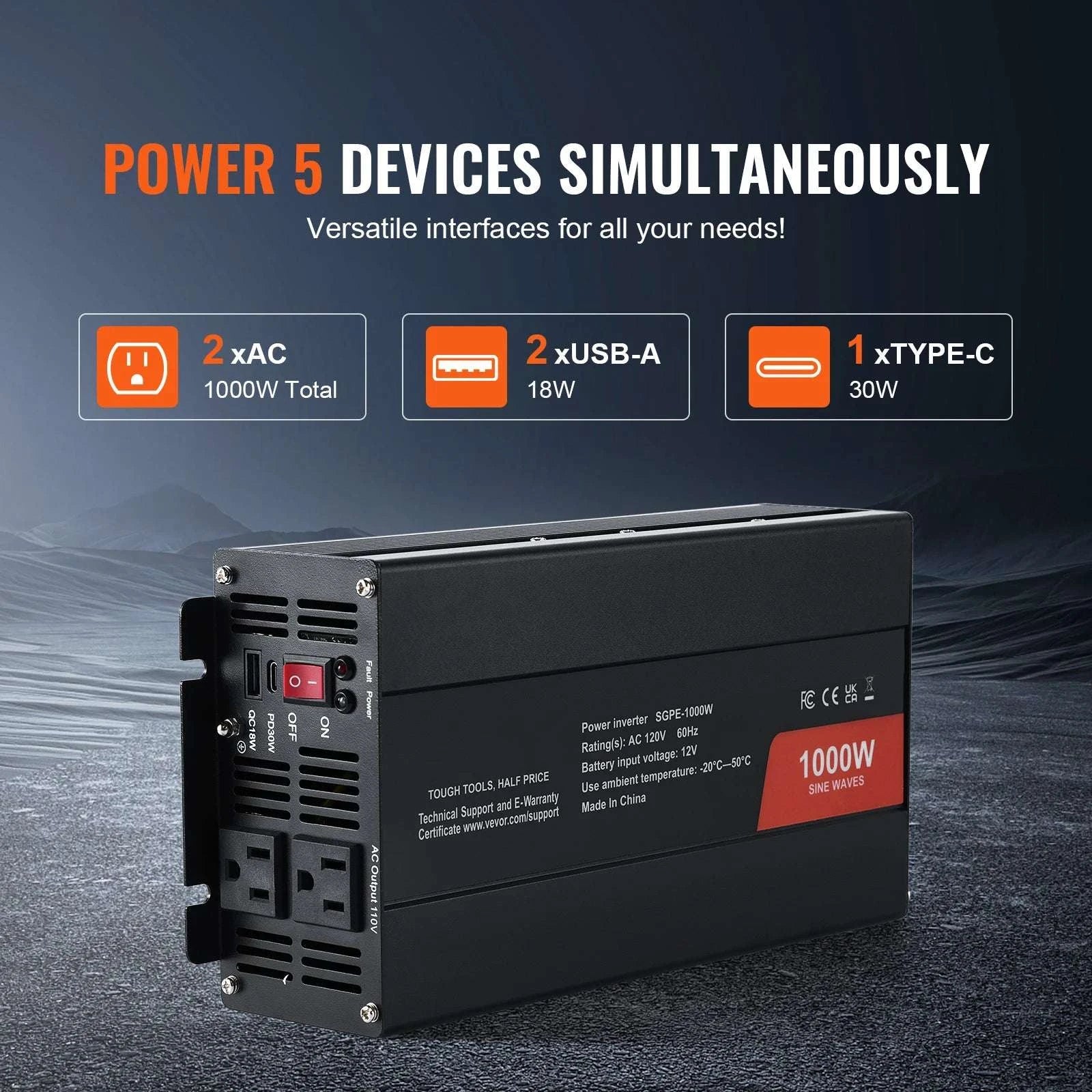 Pure Sine Wave Power Inverter 1000W–3000W with Remote & USB Ports-1000W AC 120V / United States