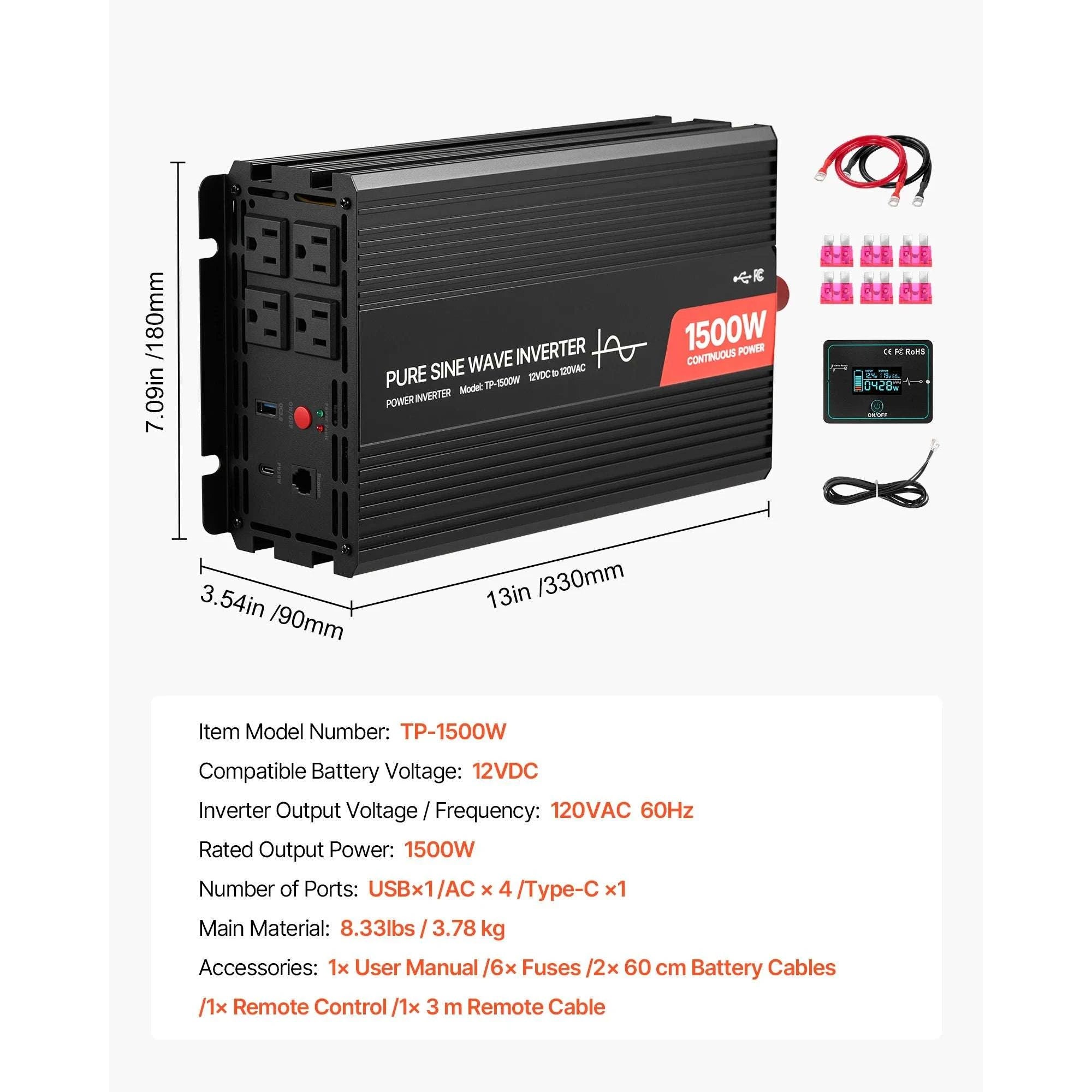 Pure Sine Wave Power Inverter 12V to 120V 1500W/4000W with USB & AC-4000W / United States