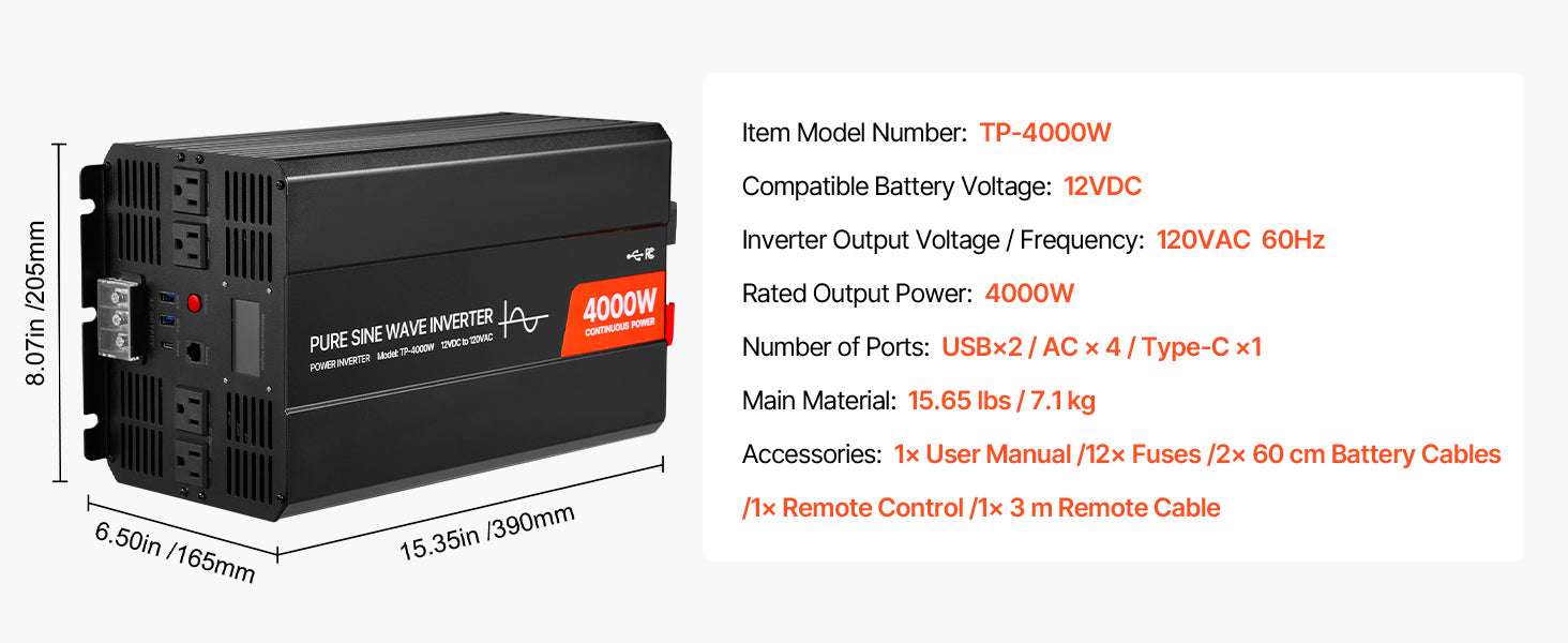 Pure Sine Wave Power Inverter 12V to 120V 1500W/4000W with USB & AC-4000W / United States