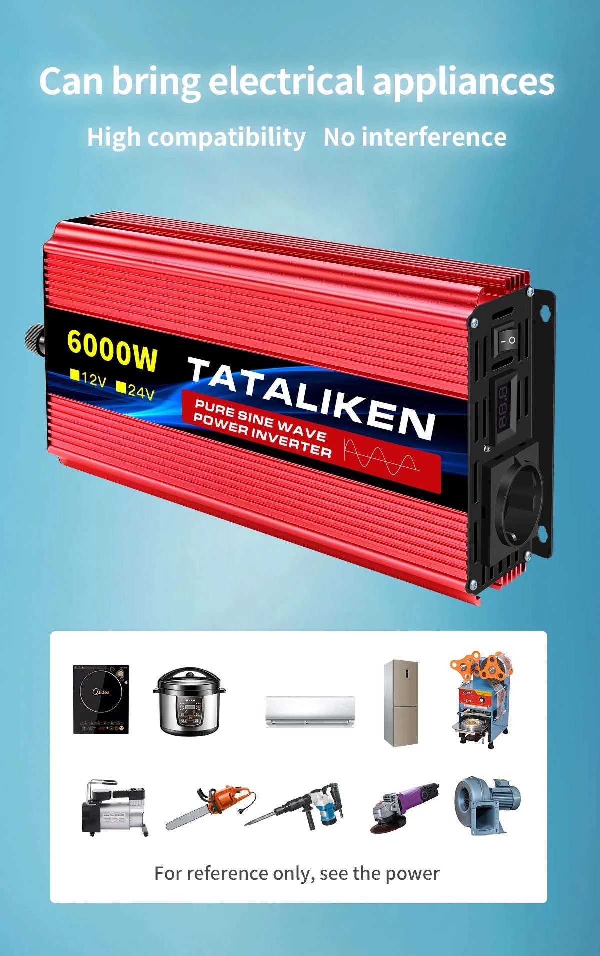 Pure Sine Wave Power Inverter 12V to 220V EU Socket-12V2200W 50HZ EU