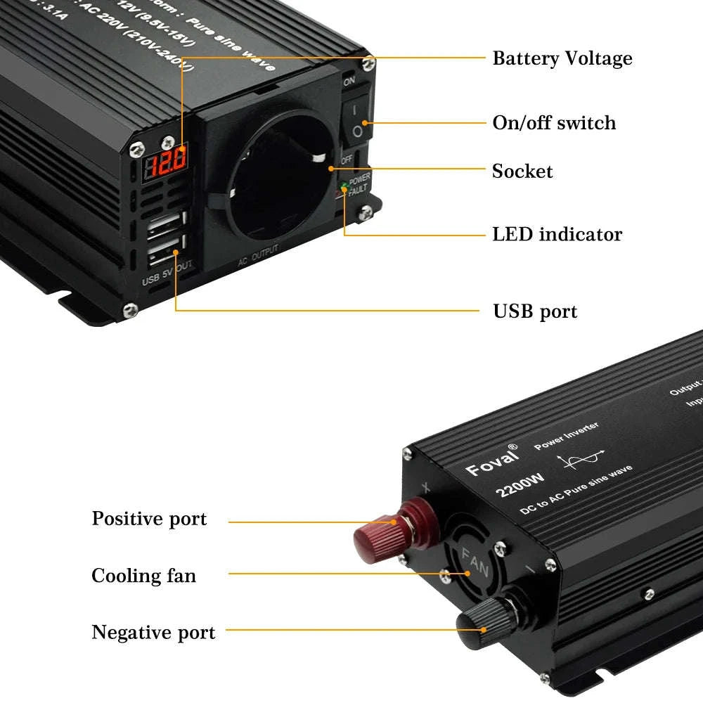 Pure Sine Wave Power Inverter 12V to 220V with EU Socket-3000W Universal 50Hz