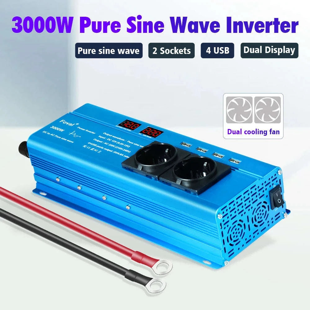 Pure Sine Wave Power Inverter 12V to 220V with EU Socket-3000W Universal 50Hz