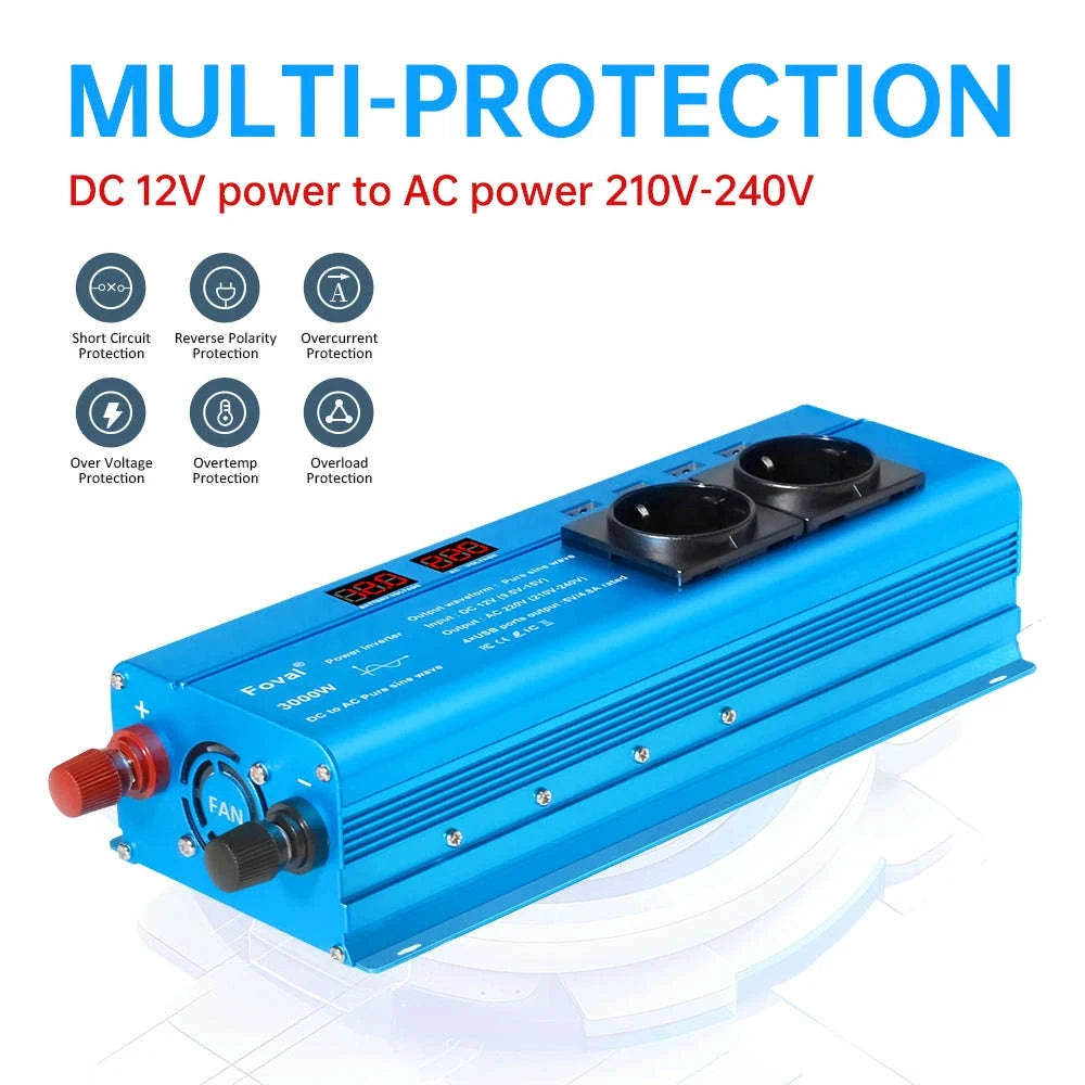 Pure Sine Wave Power Inverter 12V to 220V with EU Socket-3000W Universal 50Hz