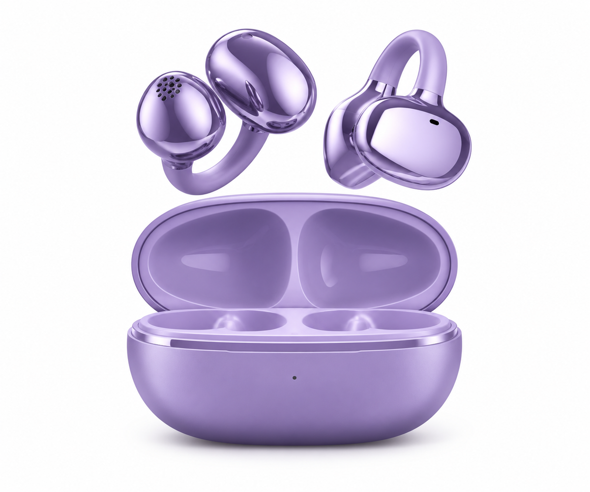 Purple open-ear Bluetooth earbuds with charging case on white background
