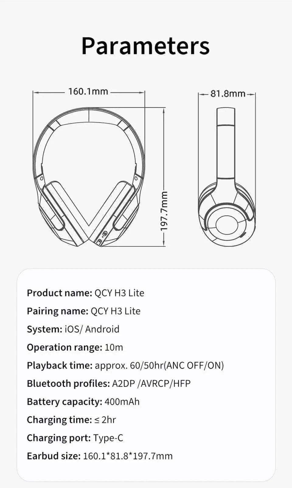 QCY H3 Lite ANC Wireless Headphones for Focus and Comfort-H3 Lite-BLACK / spain
