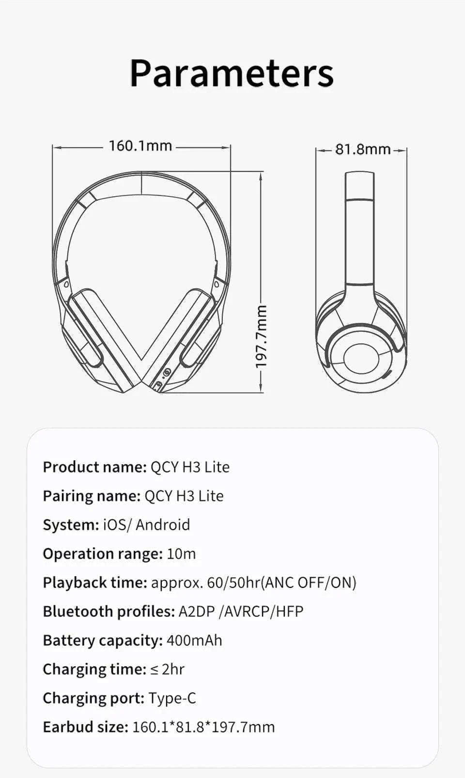 QCY H3 Lite ANC Wireless Headphones for Focus and Comfort-H3 Lite-BLACK / spain