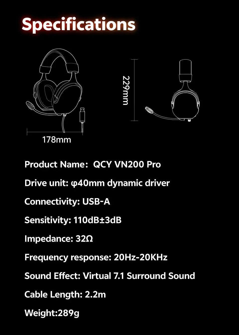 QCY VN200 Pro Wired Gaming Headset with 7.1 Sound & Mic-BLACK