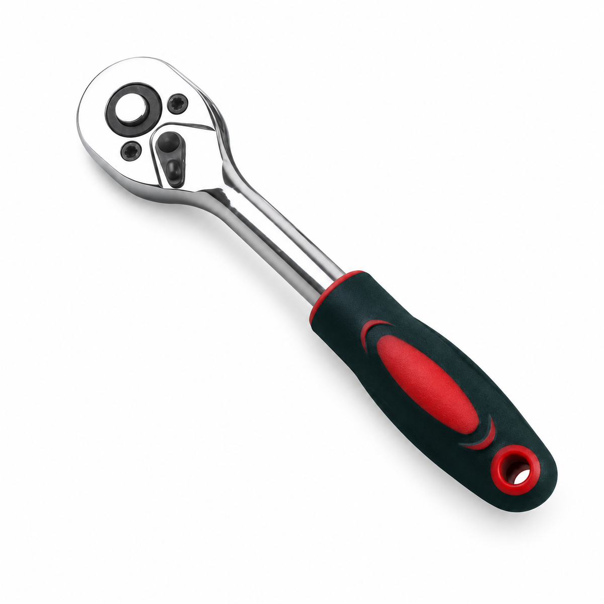 Chrome ratchet wrench with dark and red handle on white background