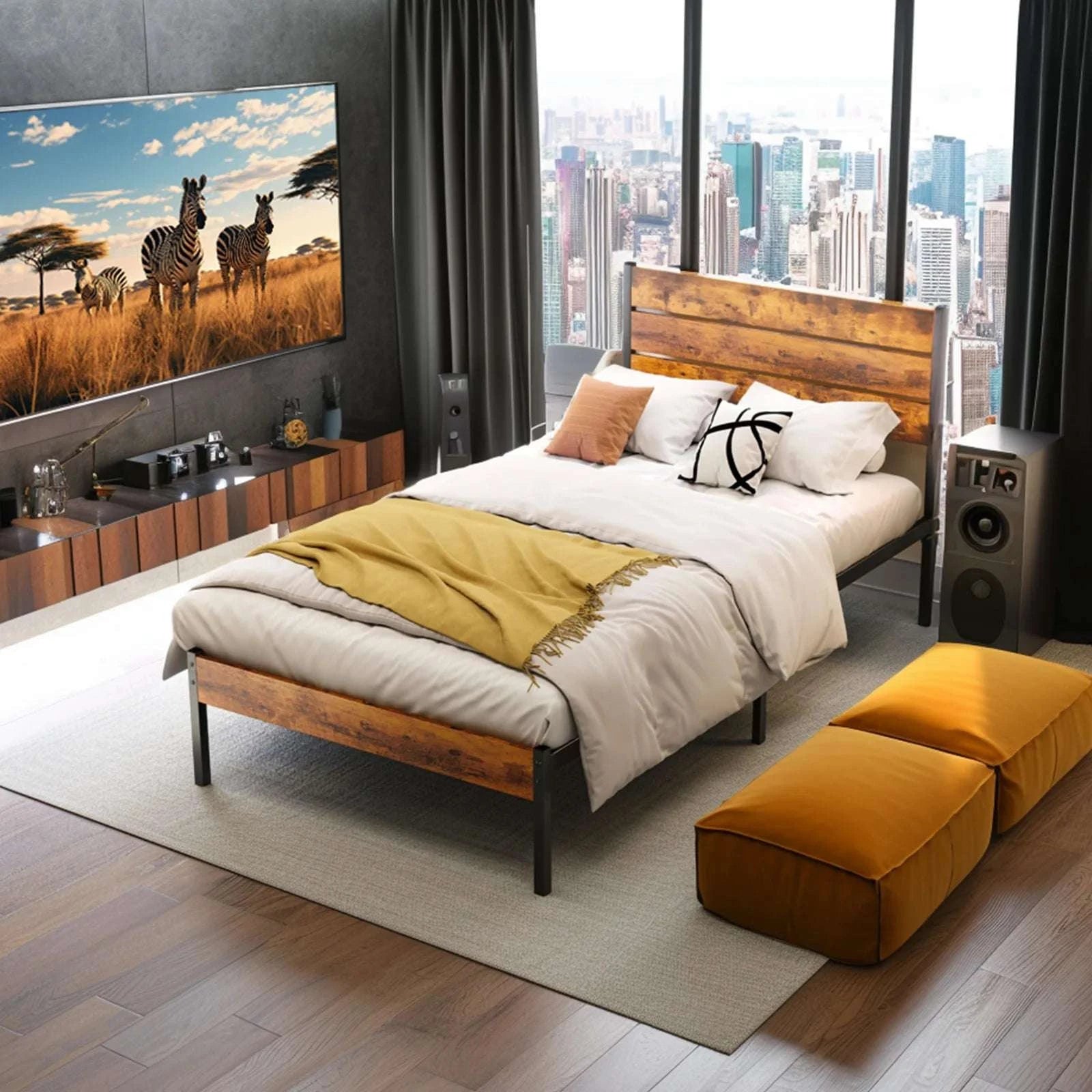 Queen Size Metal Platform Bed Frame with Storage Space & Headboard-Twin / United States