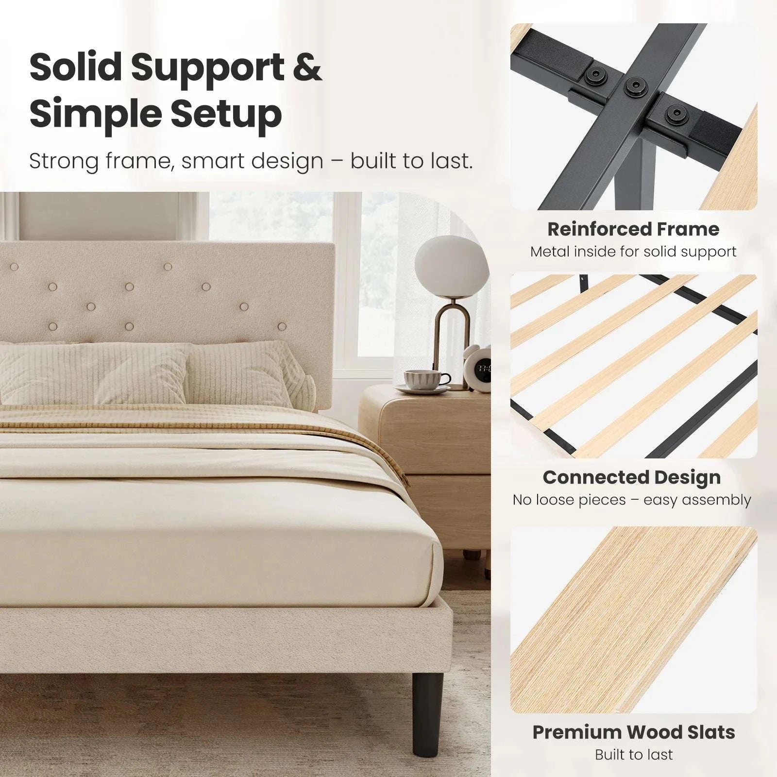Queen Size Upholstered Bed Frame with Adjustable Headboard-Queen / United States