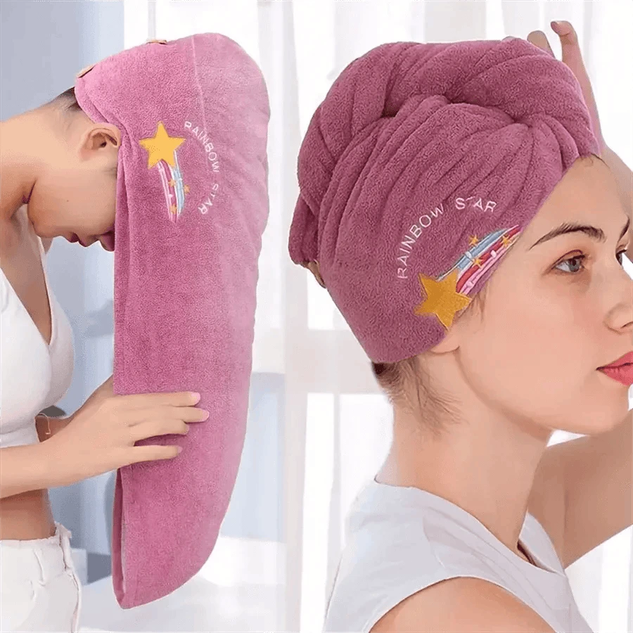 Quick-Dry Coral Fleece Hair Towel Wrap with Embroidery-United States / PURPLE