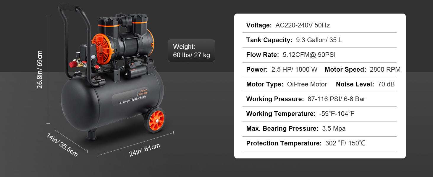 Quiet Oil-Free Air Compressor for Tire Inflation & Air Tools-35L 1800W / United States