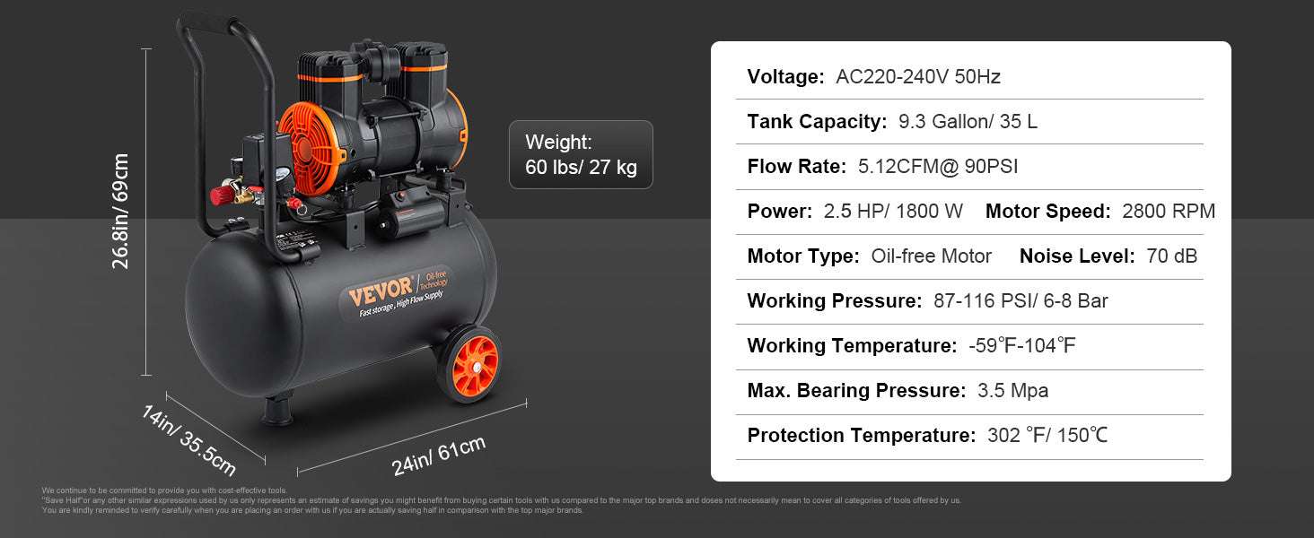 Quiet Oil-Free Air Compressor for Tire Inflation & Home Tools-24L 1450W / United States