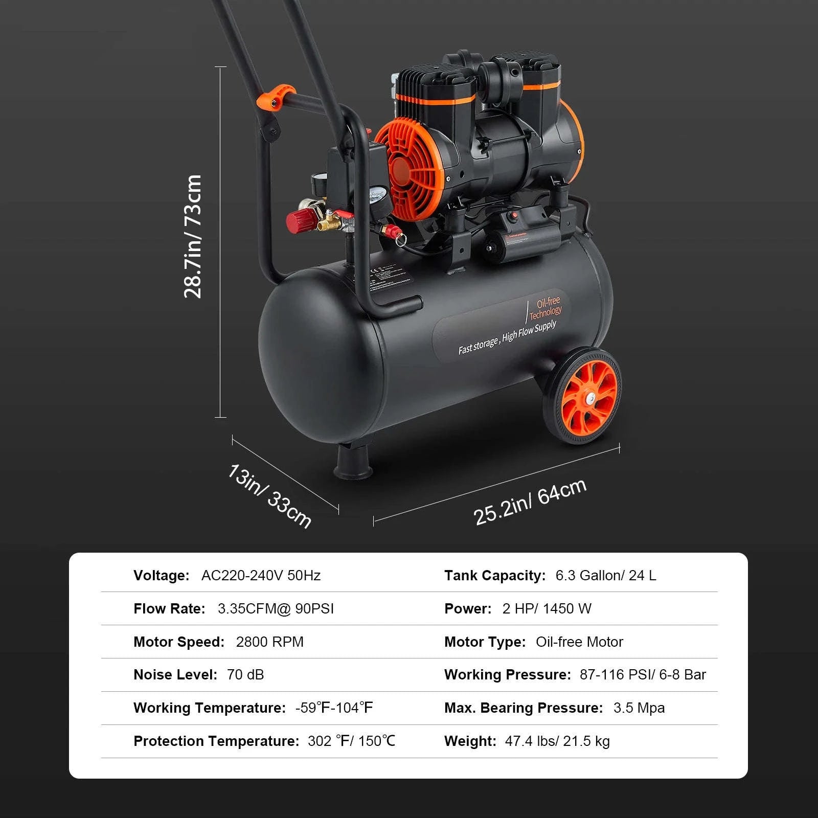 Quiet Oil-Free Portable Air Compressor Pump-24L 1450W / EU / spain