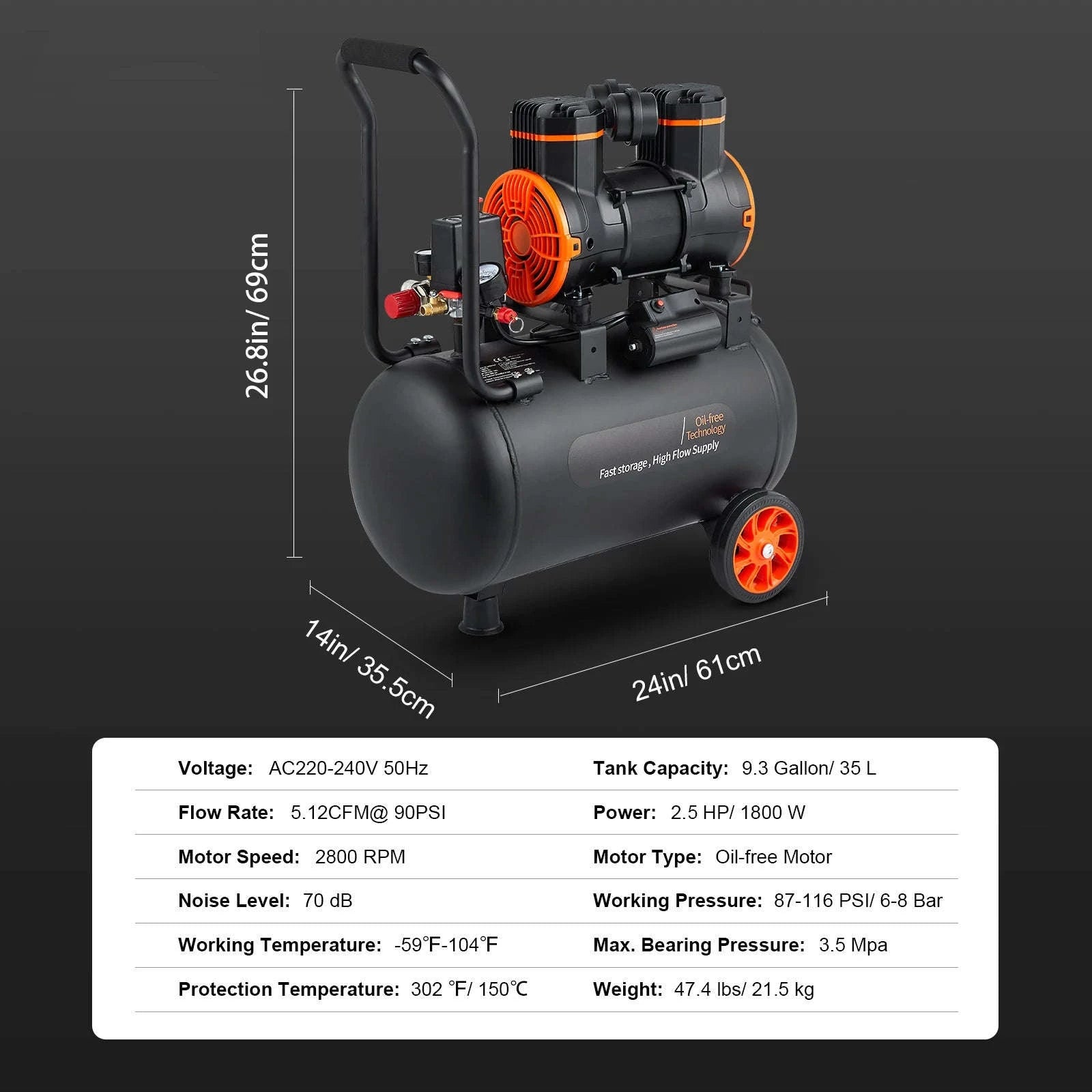 Quiet Oil-Free Portable Air Compressor Pump-24L 1450W / EU / spain