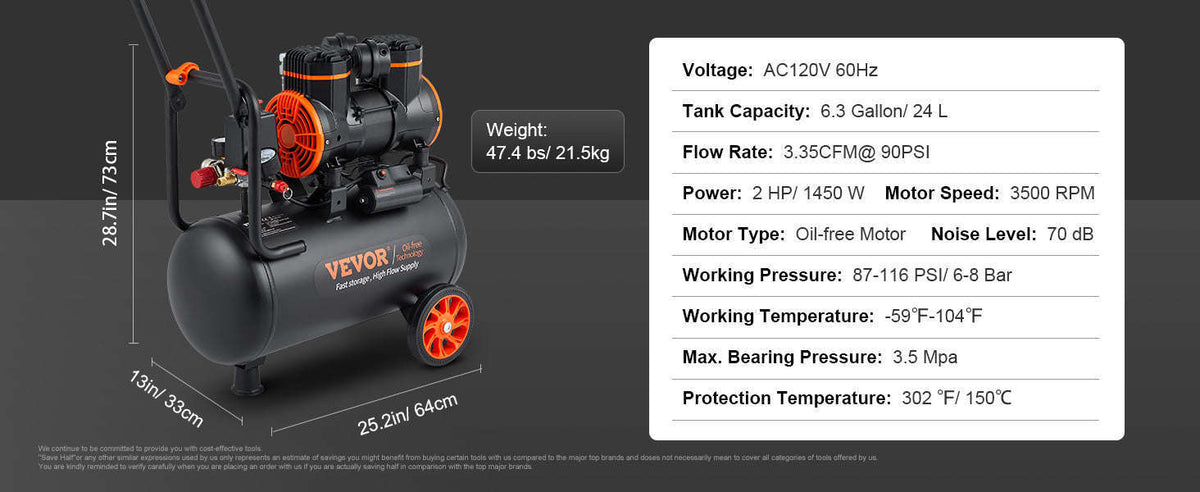 Quiet Oil-Free Portable Air Compressor Pump-24L 1450W / EU / spain