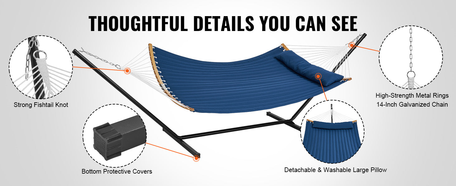 Hamac pour deux personnes Succe avec support inclus, Hamac double avec barres d’écartement courbes, et coussin détachable et sac portable