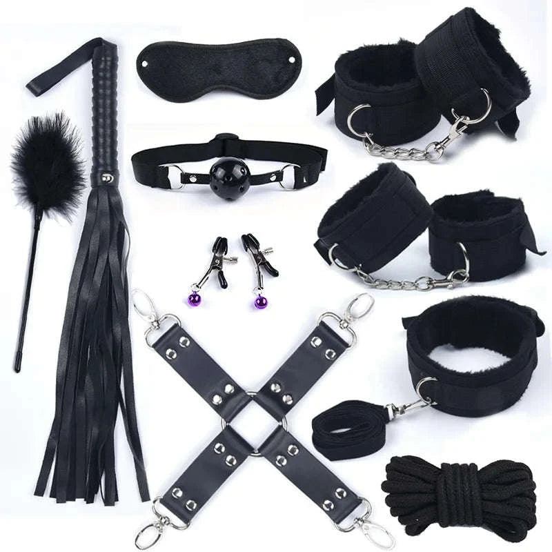 Rabbit Tail Anal Plug Bondage Set for Women-10PCS BLACK
