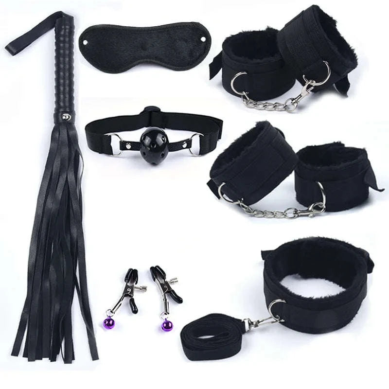 Rabbit Tail Anal Plug Bondage Set for Women-10PCS BLACK