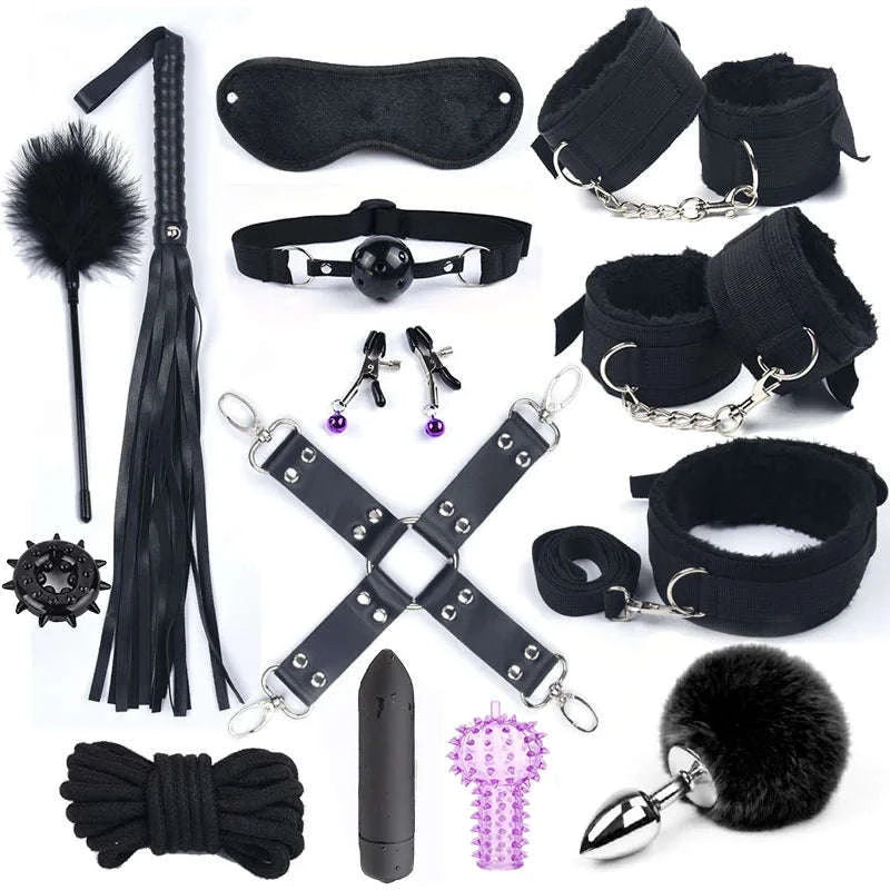 Rabbit Tail Anal Plug Bondage Set for Women-10PCS BLACK