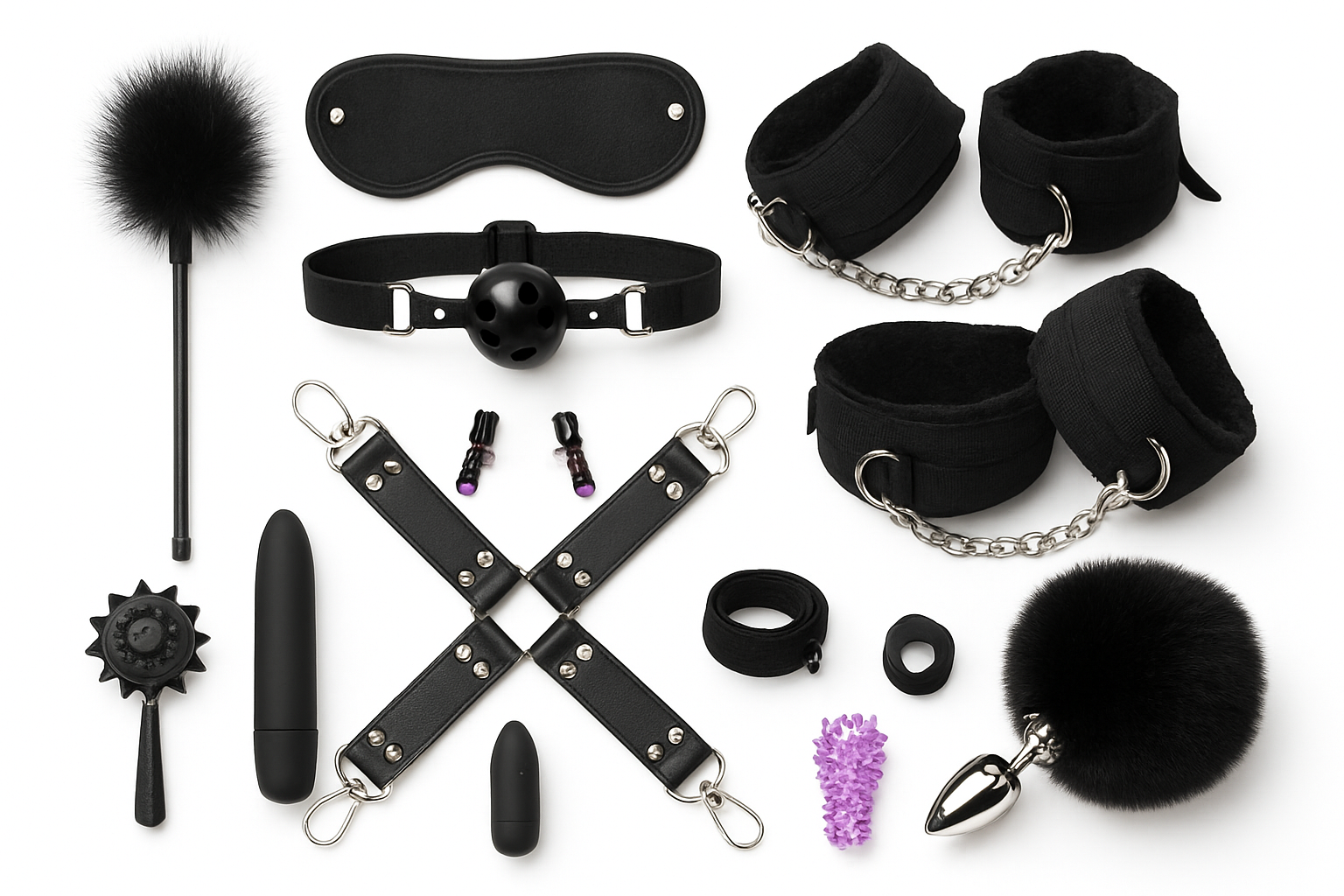 Analplug-Bondageset mit Hasenschwanz, Peitsche und Handschellen