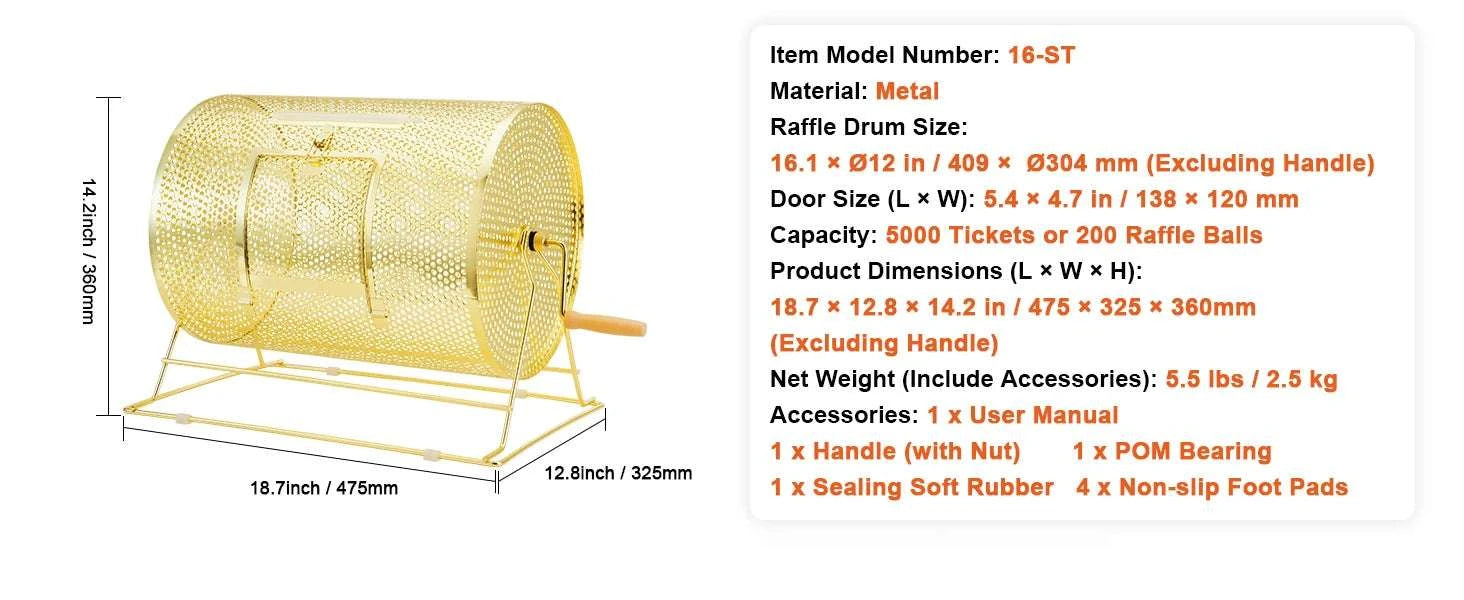 Raffle Drum Spinning Cage with Large Capacity for Events & Drawings-Metal 16 inch / United States