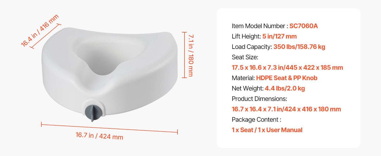 Raised Toilet Seat with 5-Inch Lift and Armrests for Safe Support-With Arms / United States
