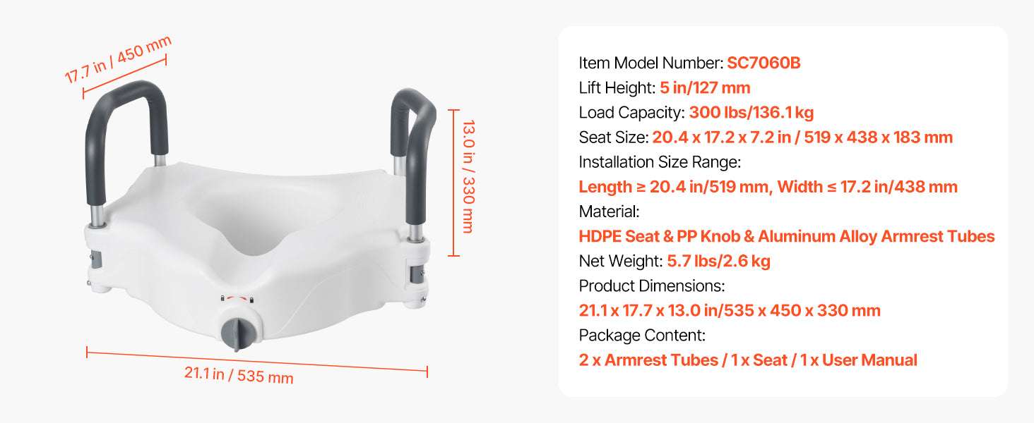 Raised Toilet Seat with 5-Inch Lift and Armrests for Safe Support-With Arms / United States