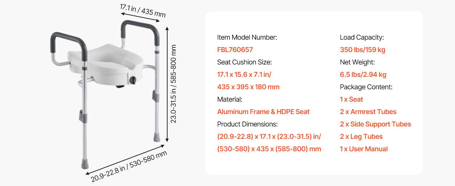 Raised Toilet Seat with Arms, 5" Lift, 350 lb Capacity-17.1 x 15.6 x 7.1 in / United States