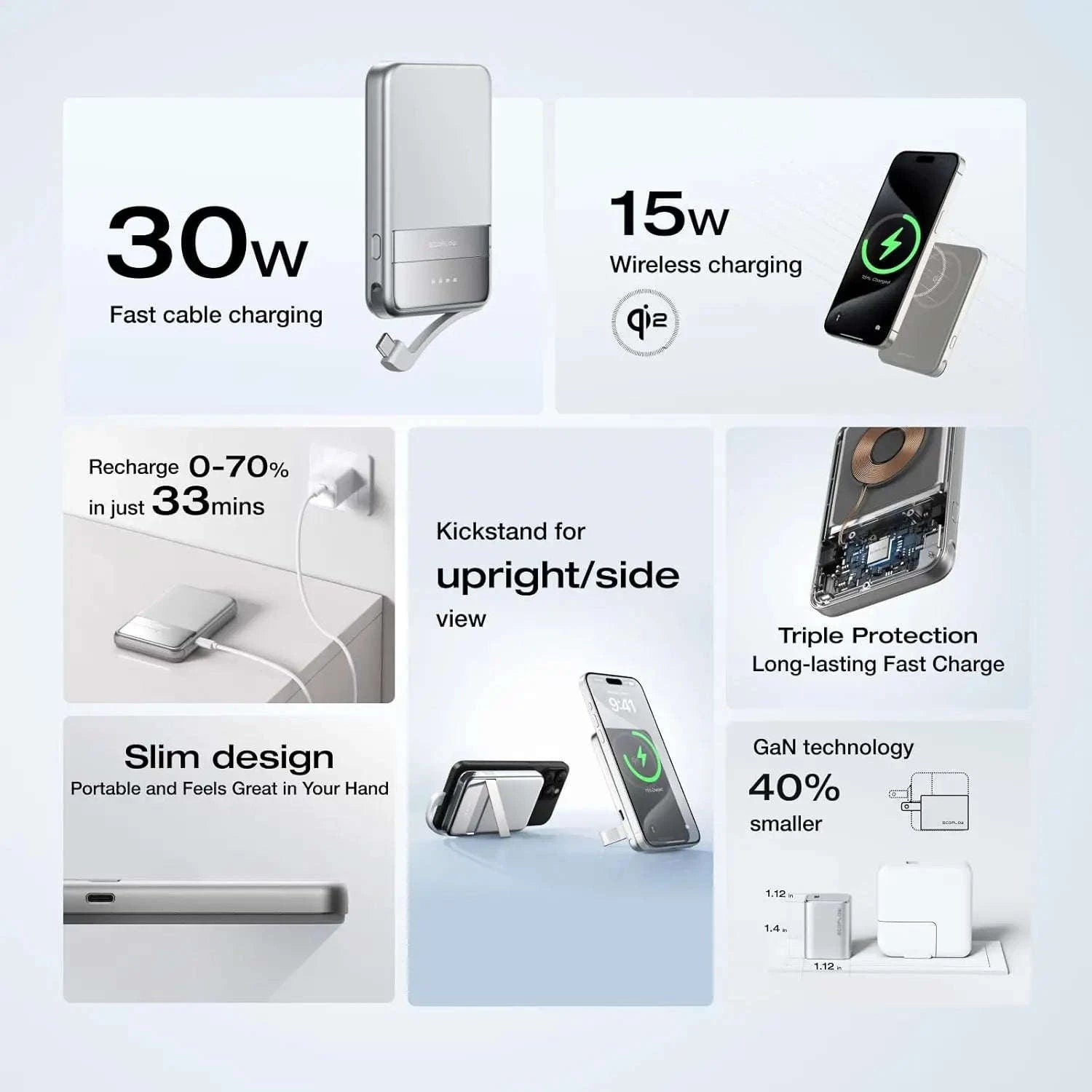 Rapid Wireless Power Bank 5000mAh with Stand and Built-in USB-C Cables-Rapid 5000 Sliver / United States / US