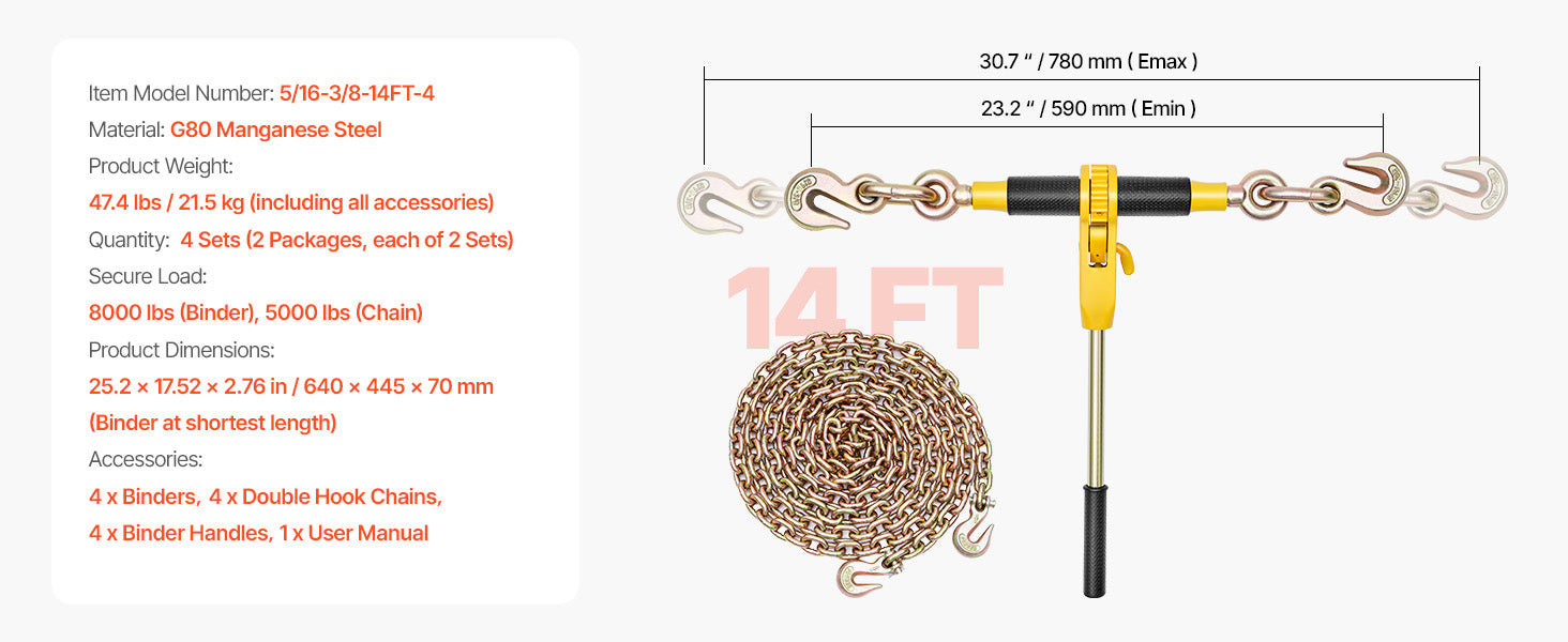 SucceBuy 9200 lb ratchet chain binder kompatibilní s řetězy 3/8–1/2 palce, zajišťovací a naklápěcí zařízení pro nakládání kamionu, upevnění na tažení