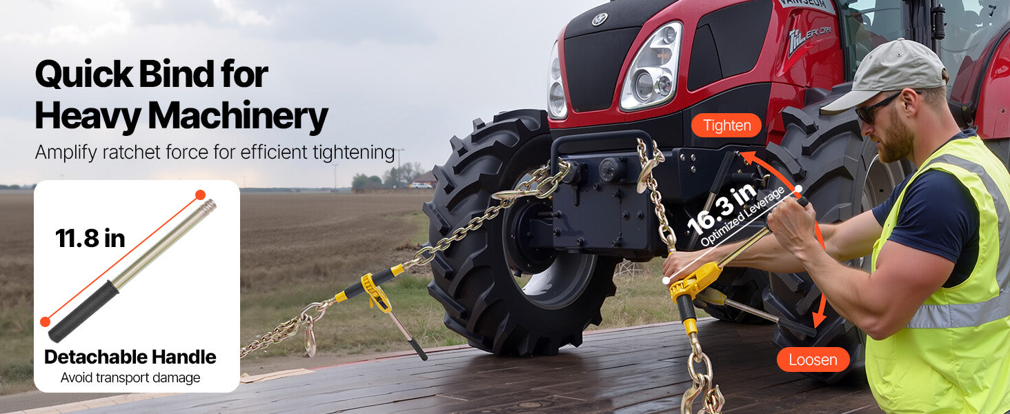 SucceBuy 9200 lb ratchet chain binder kompatibilní s řetězy 3/8–1/2 palce, zajišťovací a naklápěcí zařízení pro nakládání kamionu, upevnění na tažení