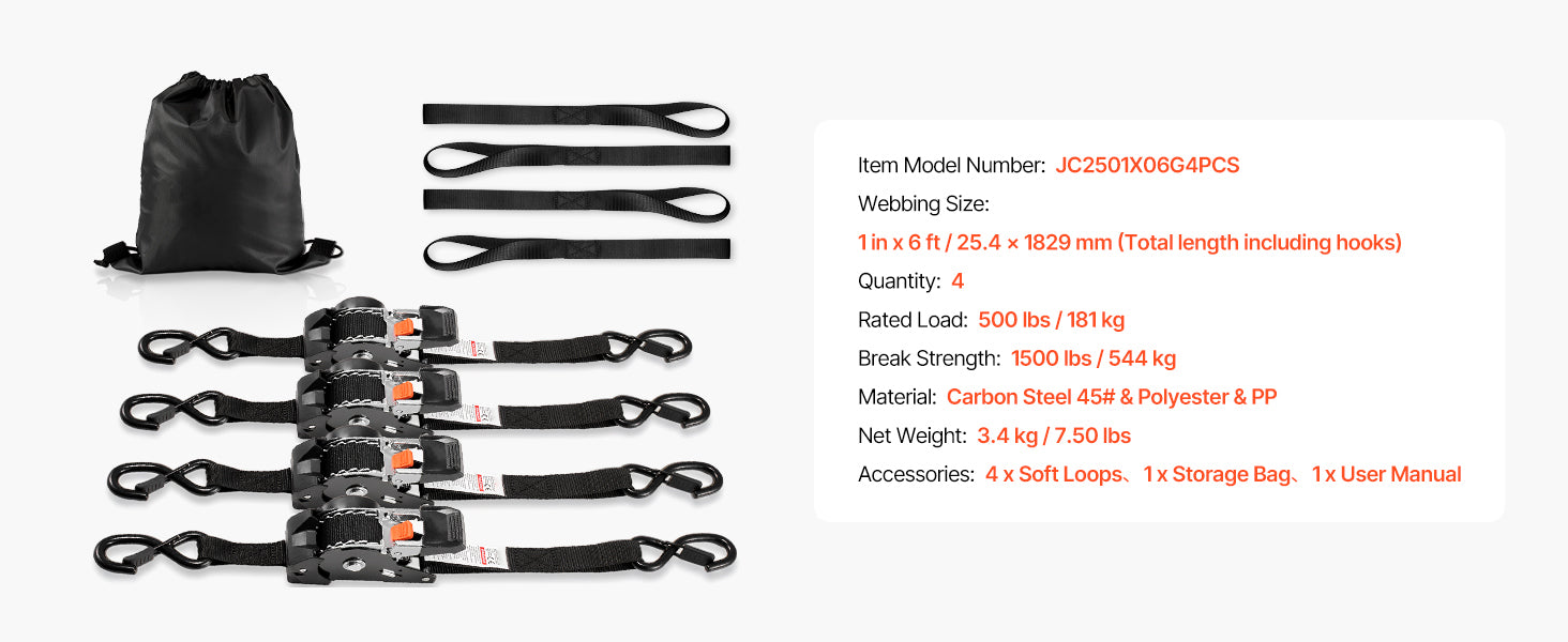 SucceBuy 4 Pack 1in x 6ft Retractable Ratchet Straps Tie Down Straps with S Hooks Tie Down Ratcheting for Moving Trailers