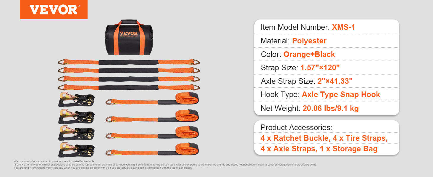 Ratchet Tie Down Straps Kit 2 in x 96 in / 120 in with Snap Hooks-XMS-1 / United States