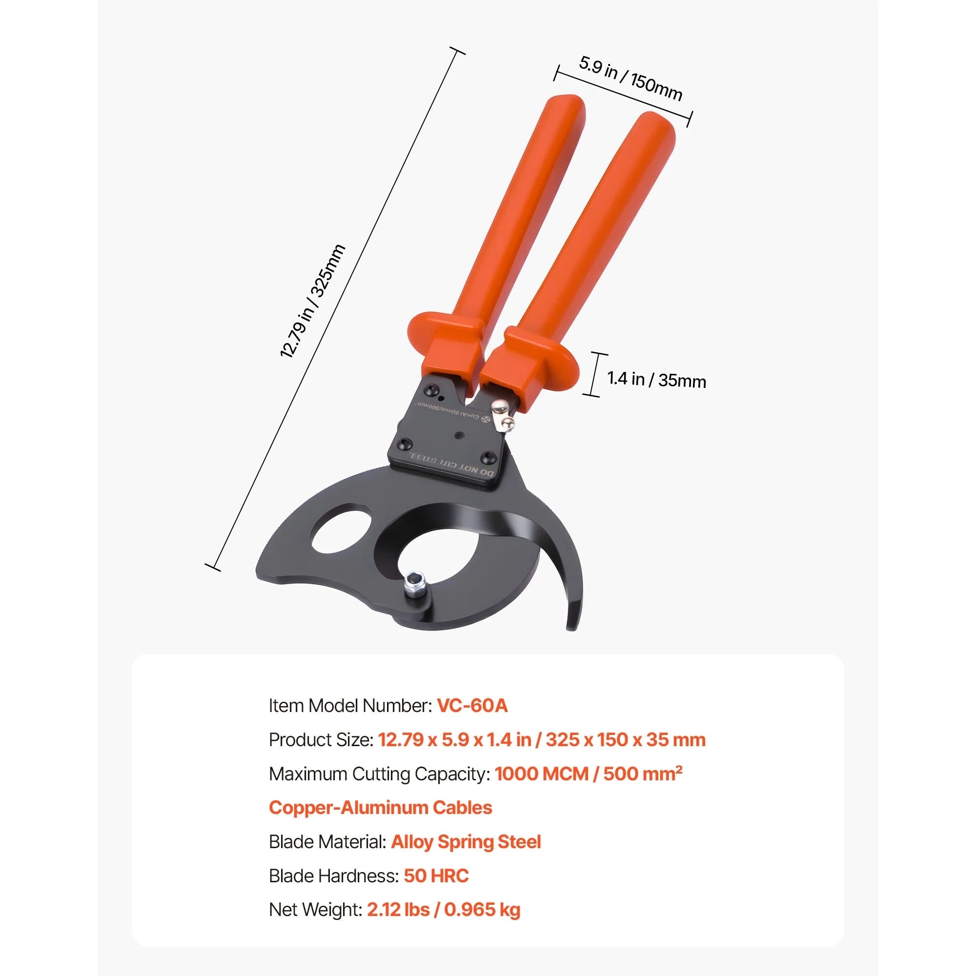 Ratcheting Cable Cutter with PVC-Coated Handles-23.5 cm H.Leverage / spain