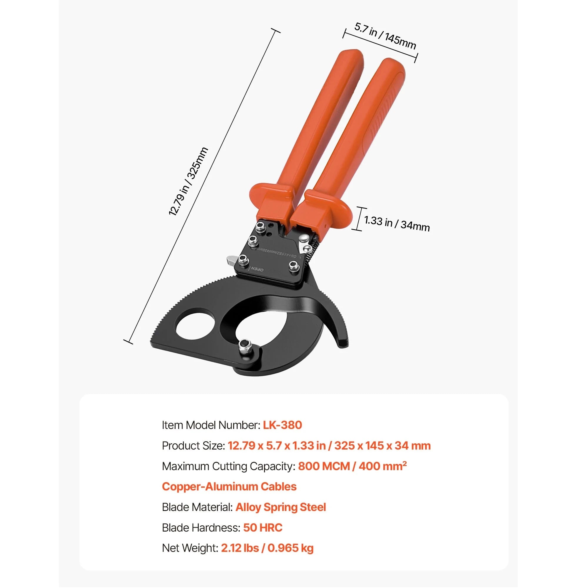 Ratcheting Cable Cutter with PVC-Coated Handles-23.5 cm H.Leverage / spain