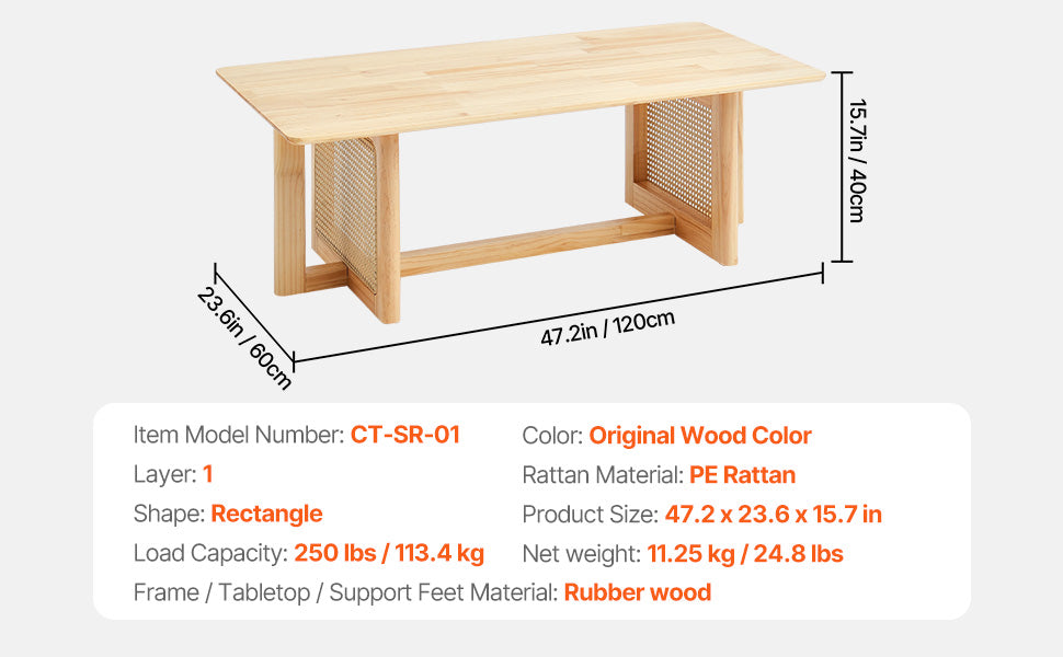 Rattan Coffee Table with Storage Shelf Boho Rectangle 42–47in