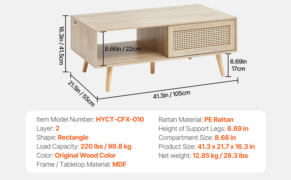 Rattan Coffee Table with Storage Shelf Boho Rectangle 42–47in