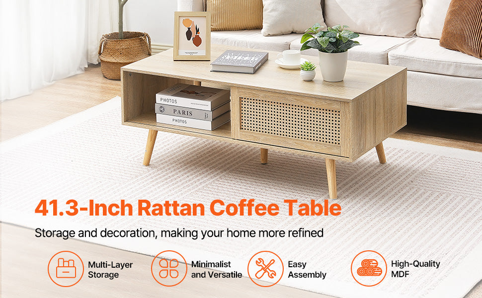 Rattan Coffee Table with Storage Shelf Boho Rectangle 42–47in