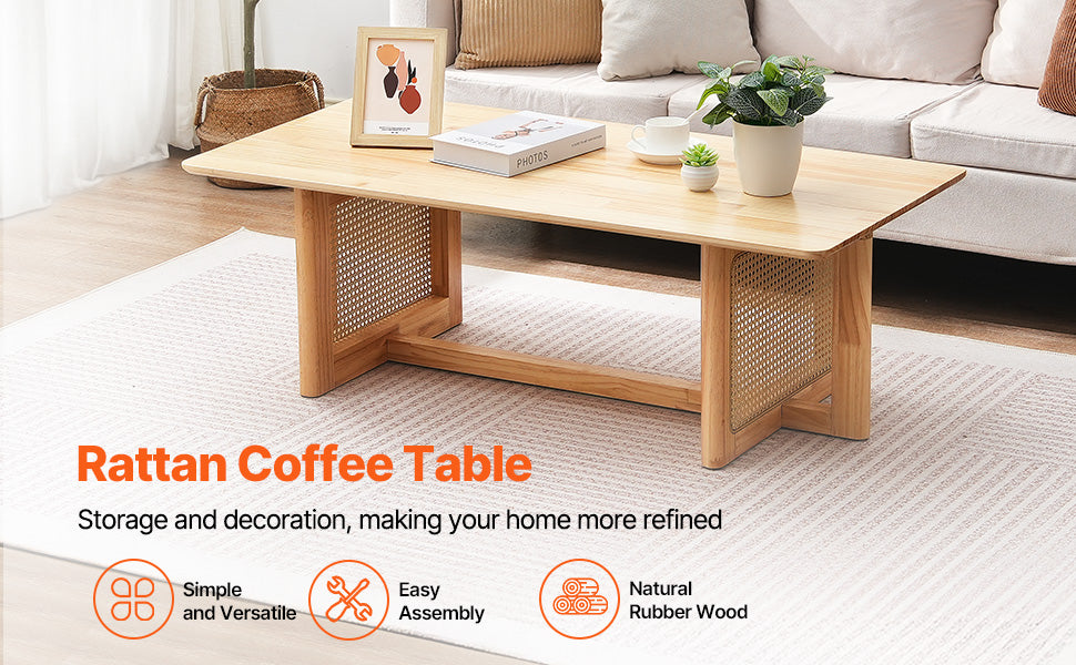 Rattan Coffee Table with Storage Shelf Boho Rectangle 42–47in