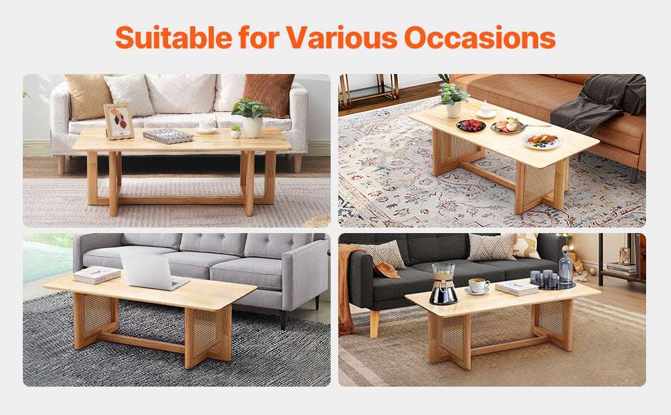 Rattan Coffee Table with Storage Shelf Boho Rectangle 42–47in-45 inch / United States