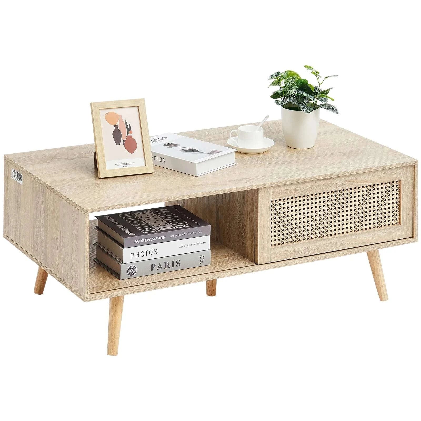 Rattan Coffee Table with Storage Shelf Boho Rectangle 42–47in-45 inch / United States