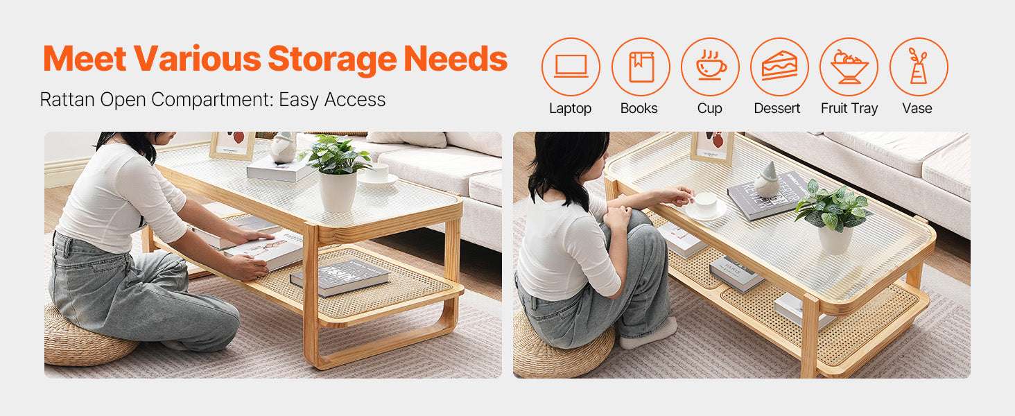Rattan Coffee Table with Storage Shelf Boho Rectangle 42–47in-45 inch / United States