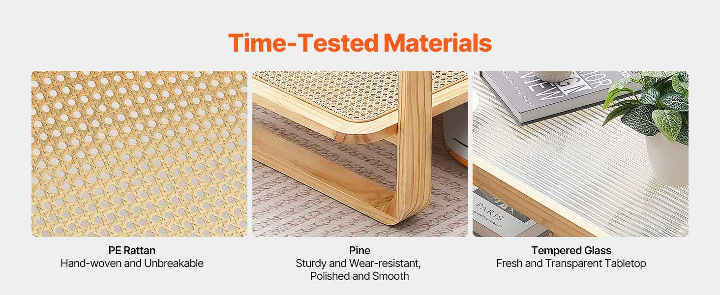 Rattan Coffee Table with Storage Shelf Boho Rectangle 42–47in-45 inch / United States