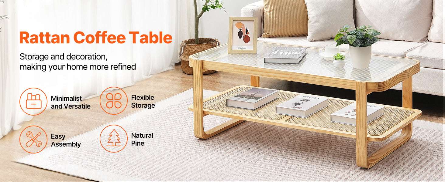 Rattan Coffee Table with Storage Shelf Boho Rectangle 42–47in-45 inch / United States