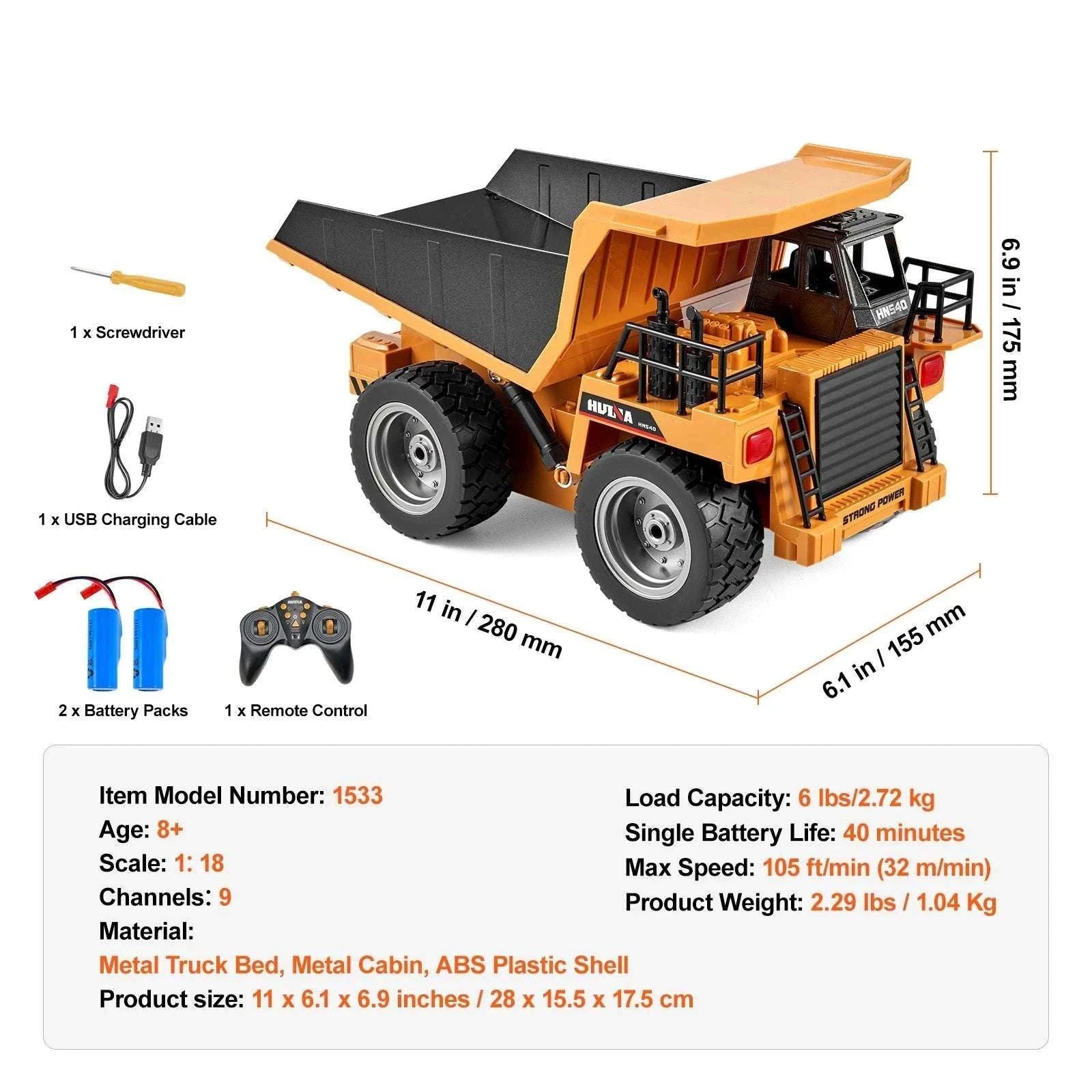 RC Dump Truck 9-Channel Remote Control Toy with 40-Min Playtime-black / United States
