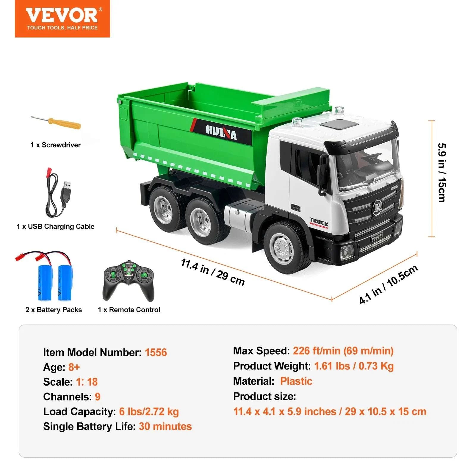 RC Dump Truck Toy 9-Channel Remote Control Construction Vehicle-Green / United States