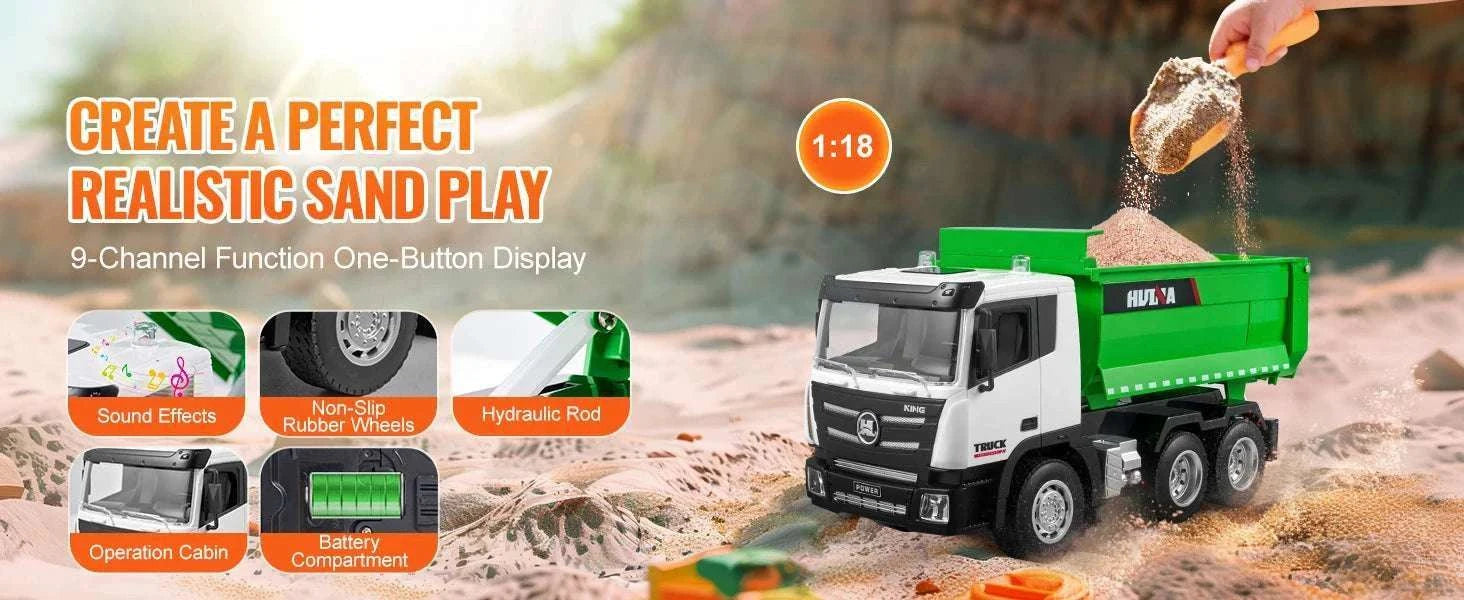 RC Dump Truck Toy 9-Channel Remote Control Construction Vehicle-Green / United States